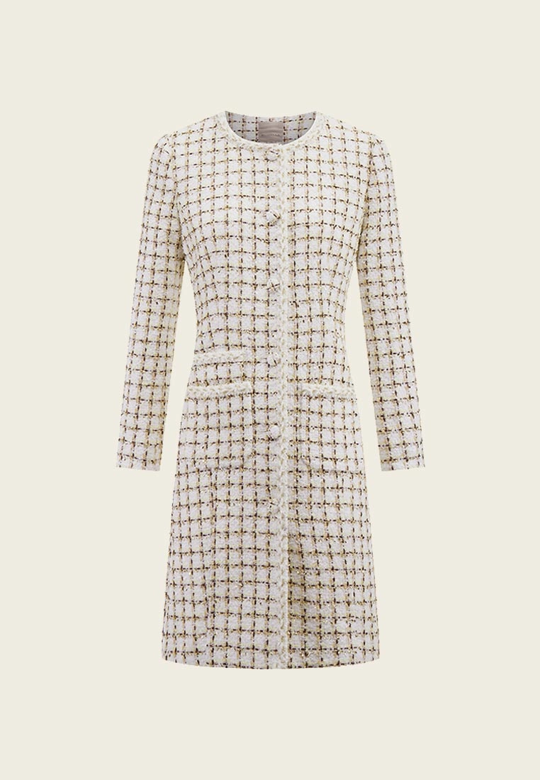 Check White Tweed Thigh Length Coat