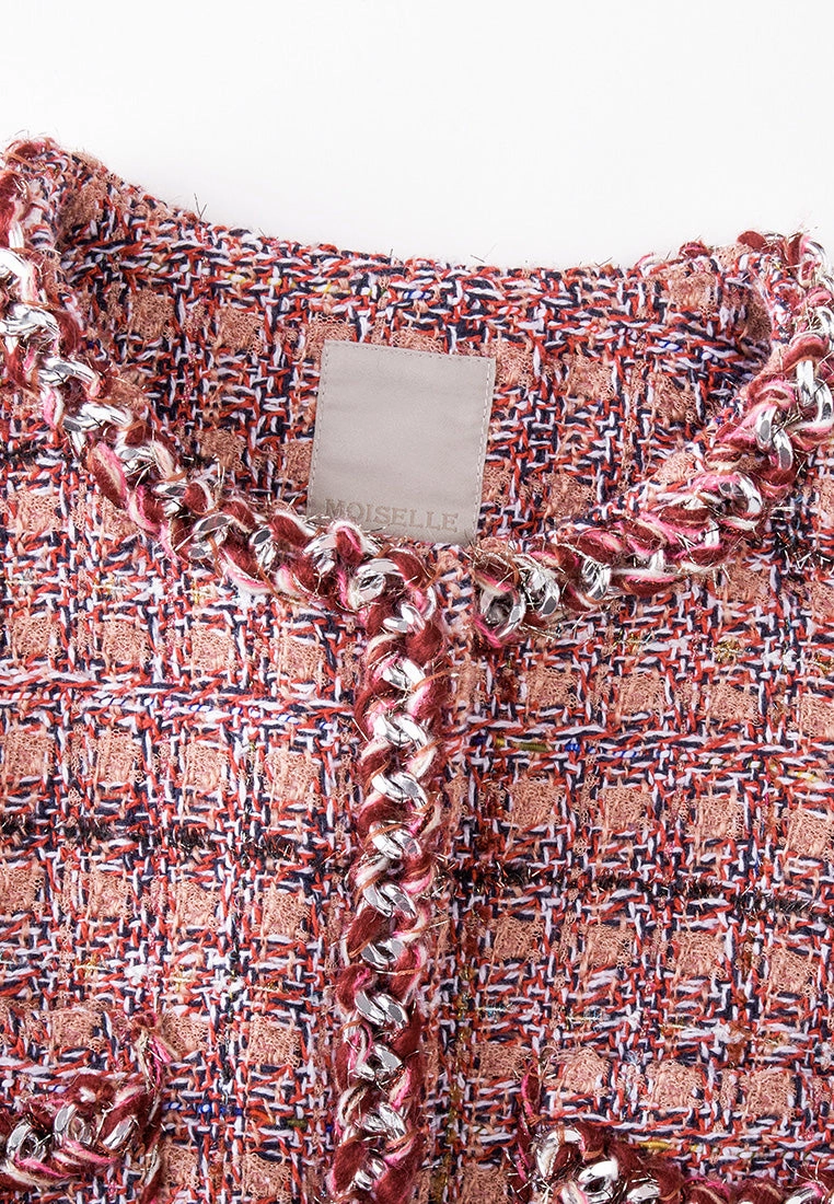 Checked Braid-trim Patch Pocket Tweed Jacket