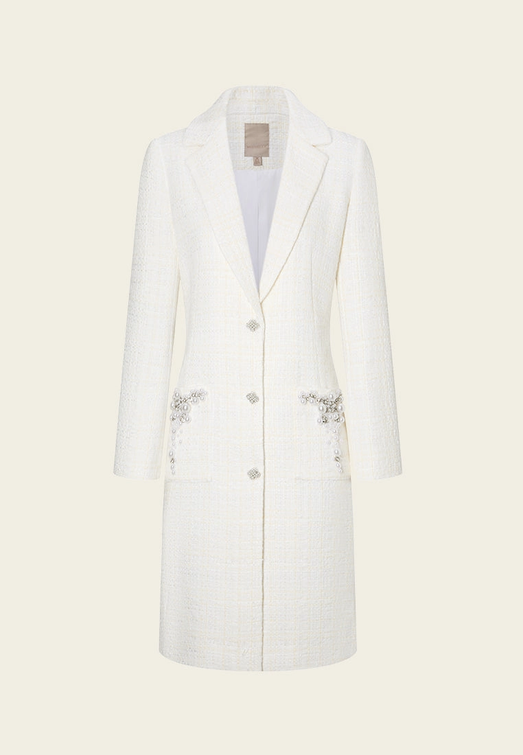 Checked Tweed Crystal and Pearl Embellished Coat