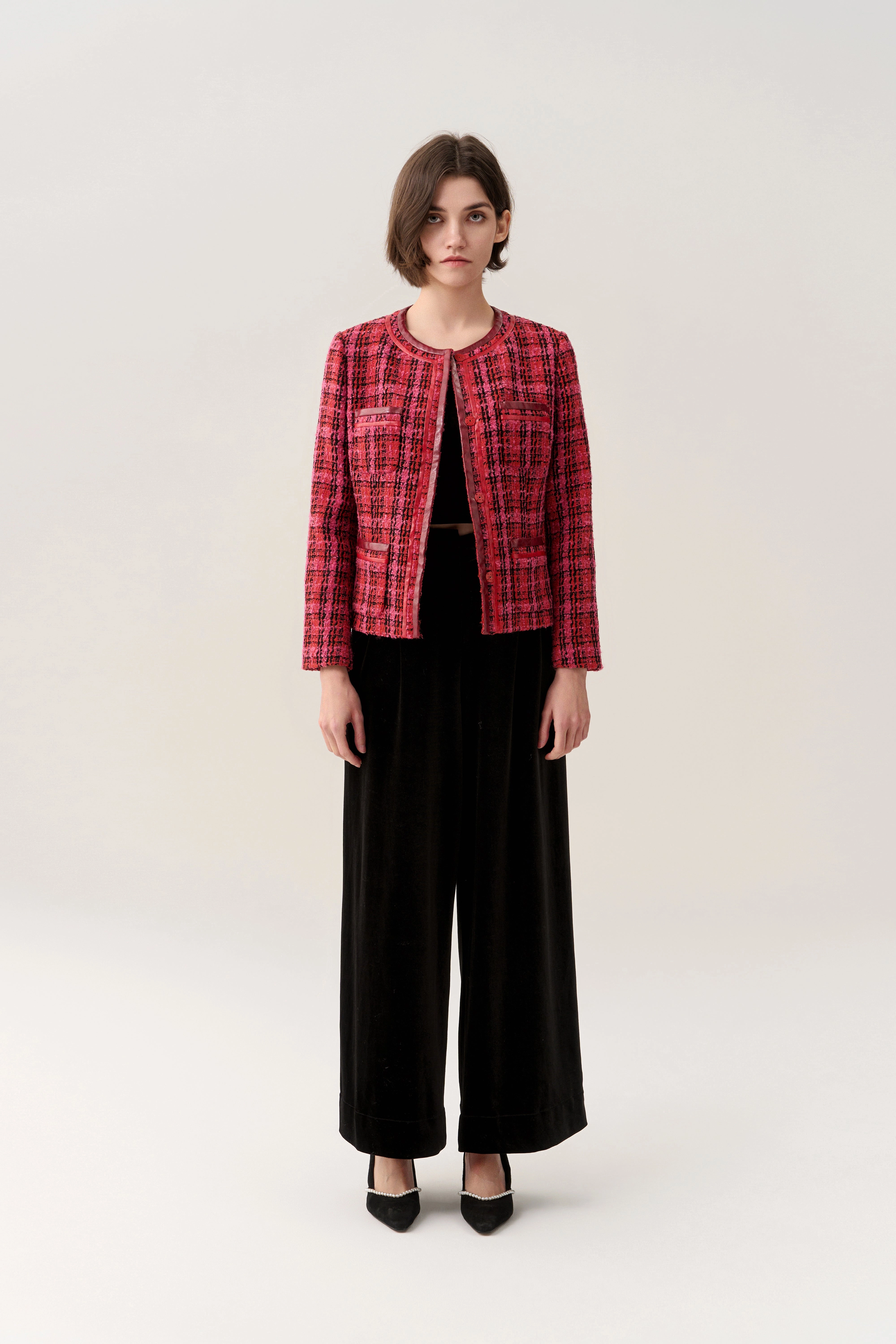Checkered Concealed-fastening Patch-pocket Tweed Jacket