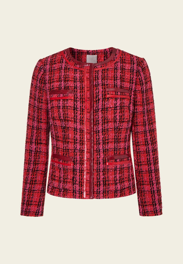 Checkered Concealed-fastening Patch-pocket Tweed Jacket