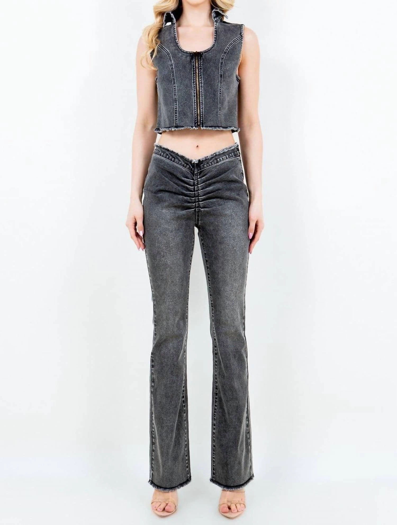 Chic V Cut Ruched Flare Pants In Black