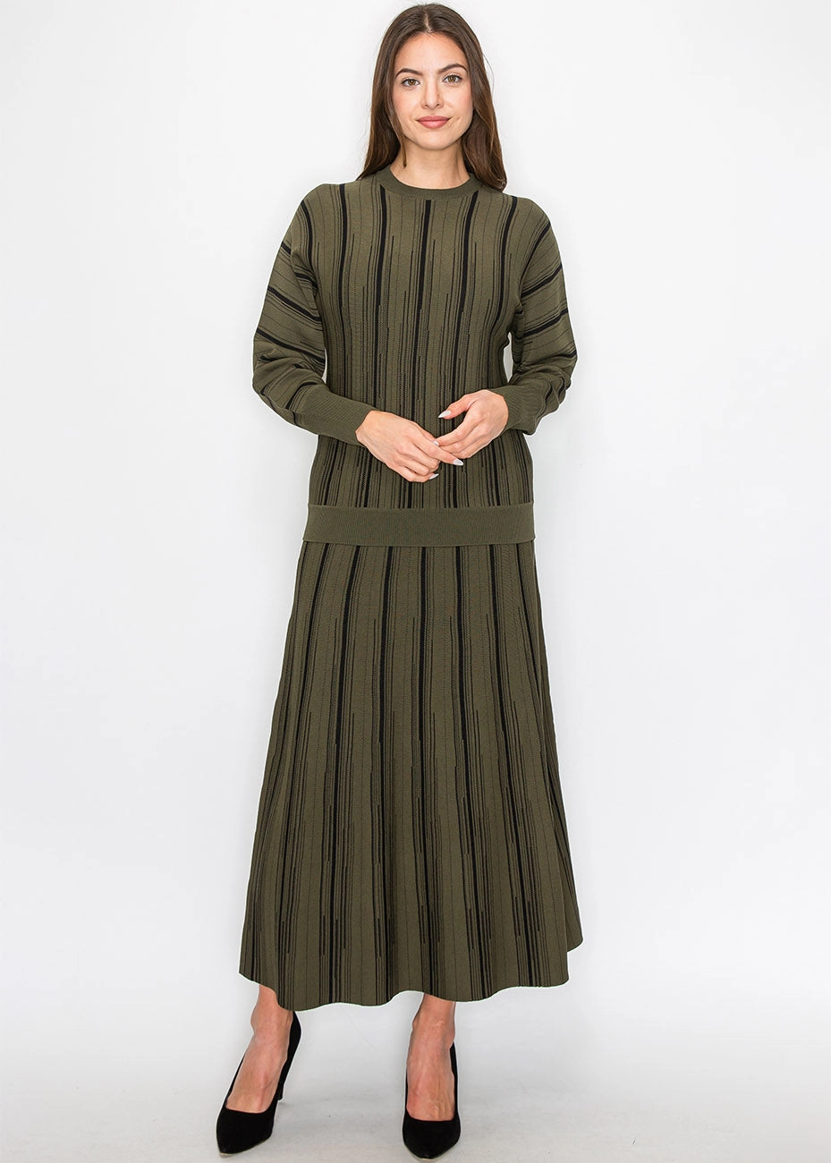Classic Olive Striped Midi Skirt