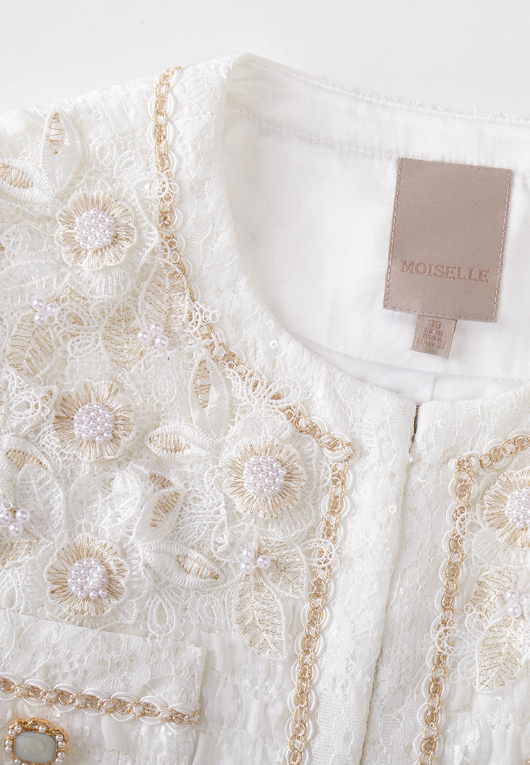 Crease-effect 3D Flower Lurex-and-pearl-detail Jacket