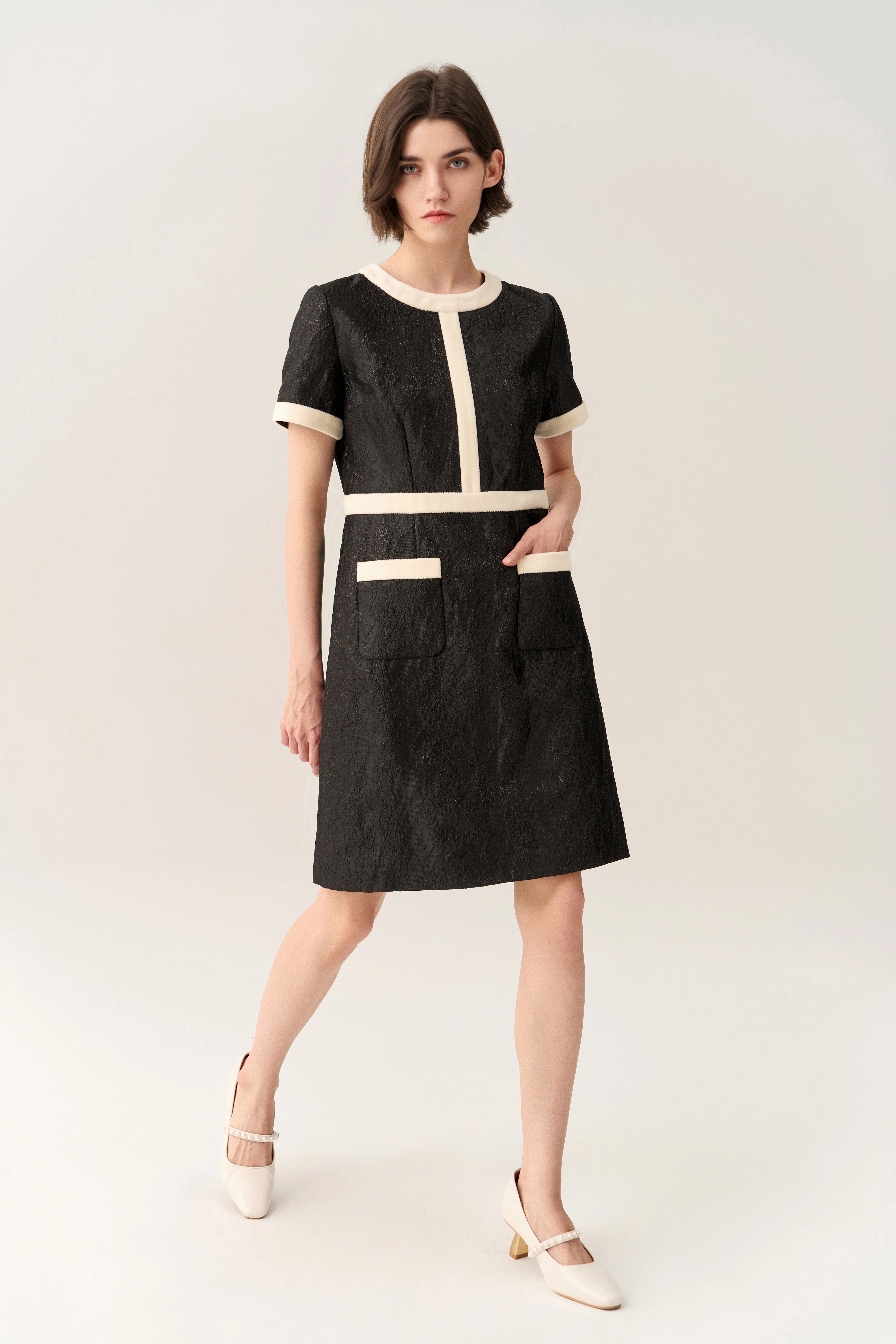 Creased-effect Lurex Black/White Dress