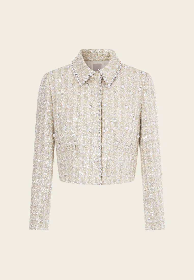Cropped Embellished Lapel Tweed Jacket