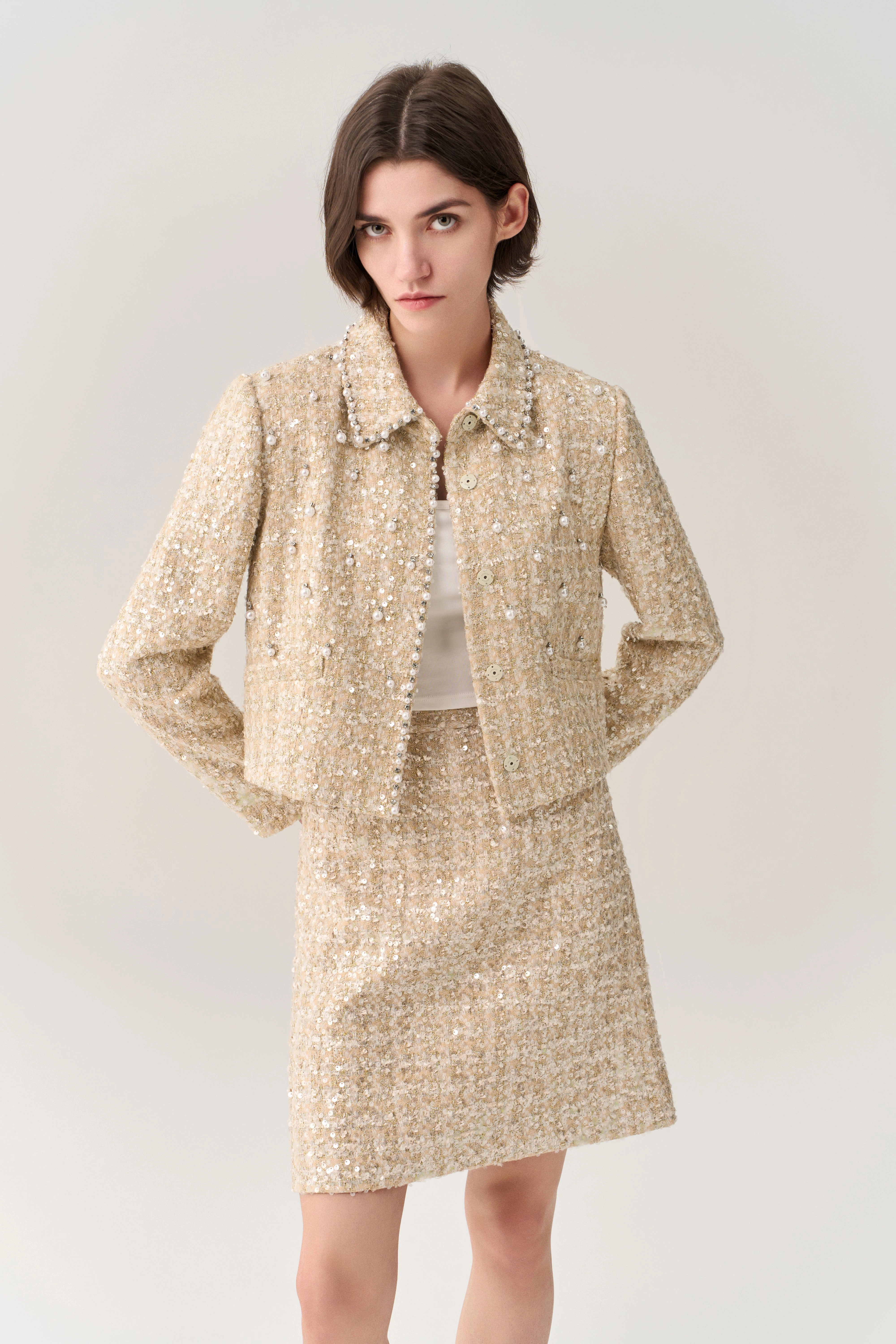 Cropped Embellished Lapel Tweed Jacket