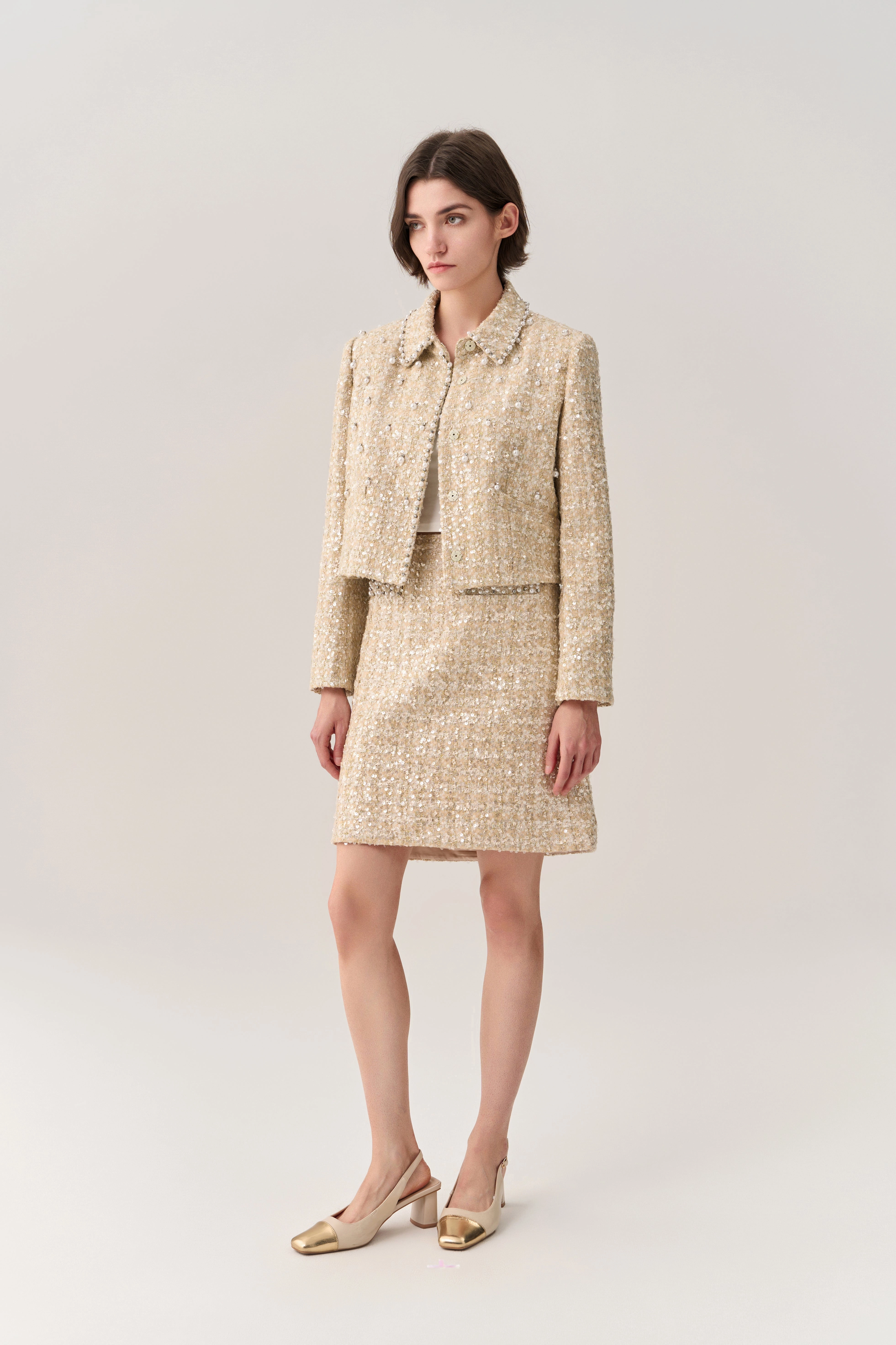 Cropped Embellished Lapel Tweed Jacket