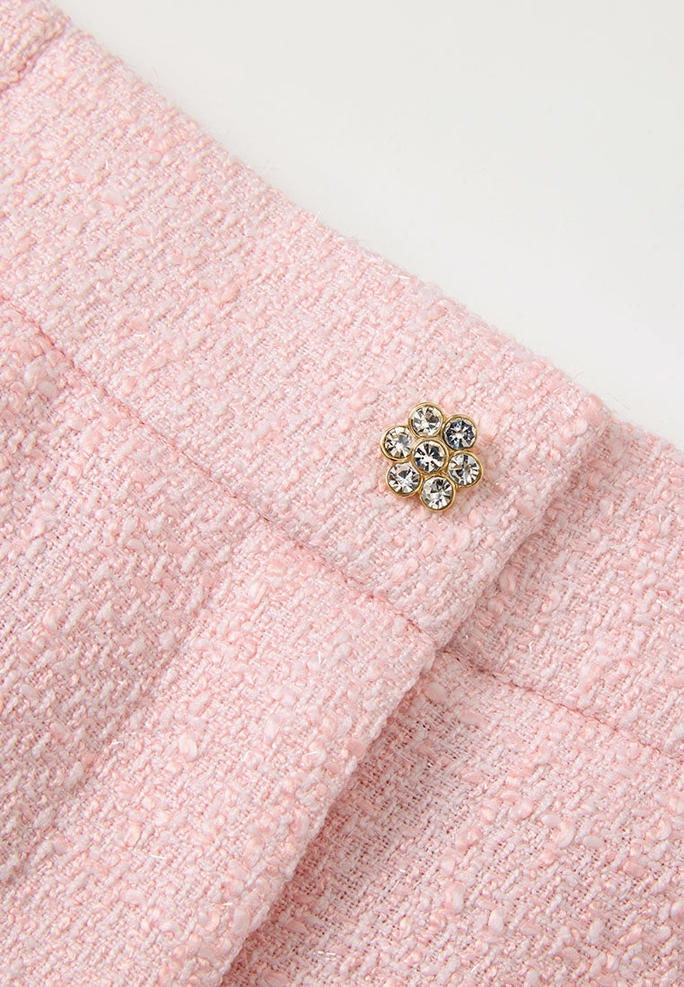 Crystal-button Wide-leg Three-quarter Tweed Trousers Pink
