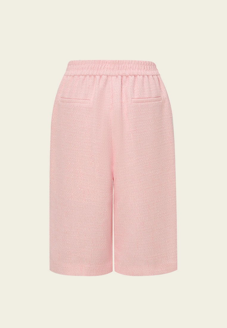 Crystal-button Wide-leg Three-quarter Tweed Trousers Pink