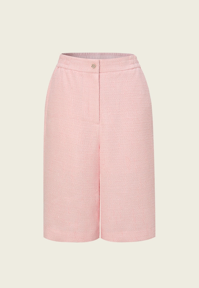 Crystal-button Wide-leg Three-quarter Tweed Trousers Pink