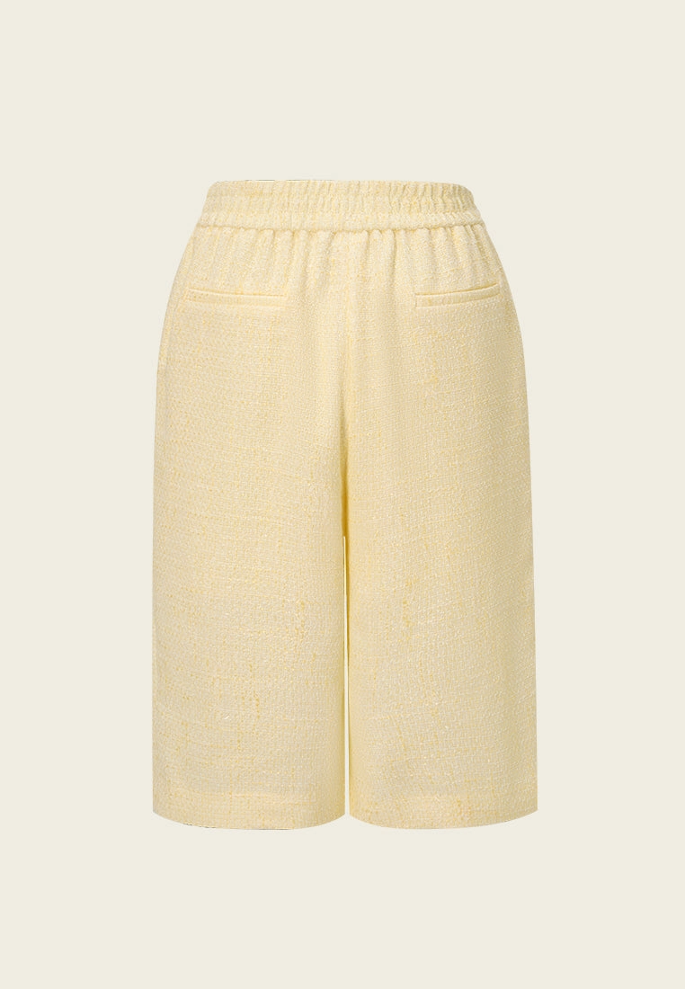 Crystal-button Wide-leg Three-quarter Tweed Trousers Yellow
