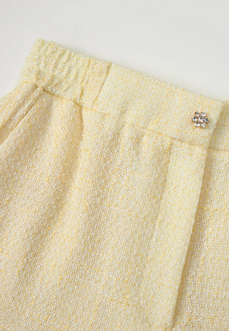 Crystal-button Wide-leg Three-quarter Tweed Trousers Yellow