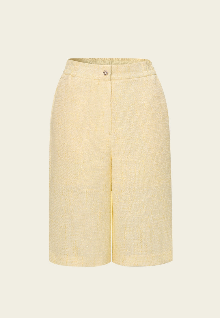 Crystal-button Wide-leg Three-quarter Tweed Trousers Yellow