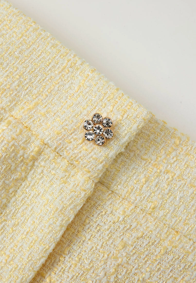 Crystal-button Wide-leg Three-quarter Tweed Trousers Yellow