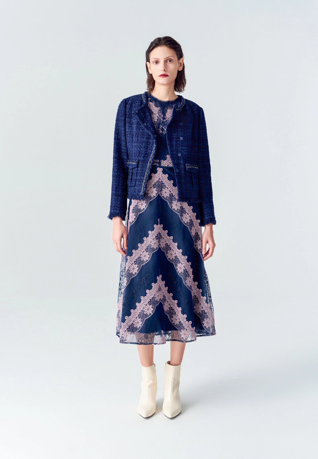 Dark Blue Asymmetric Tweed Jacket