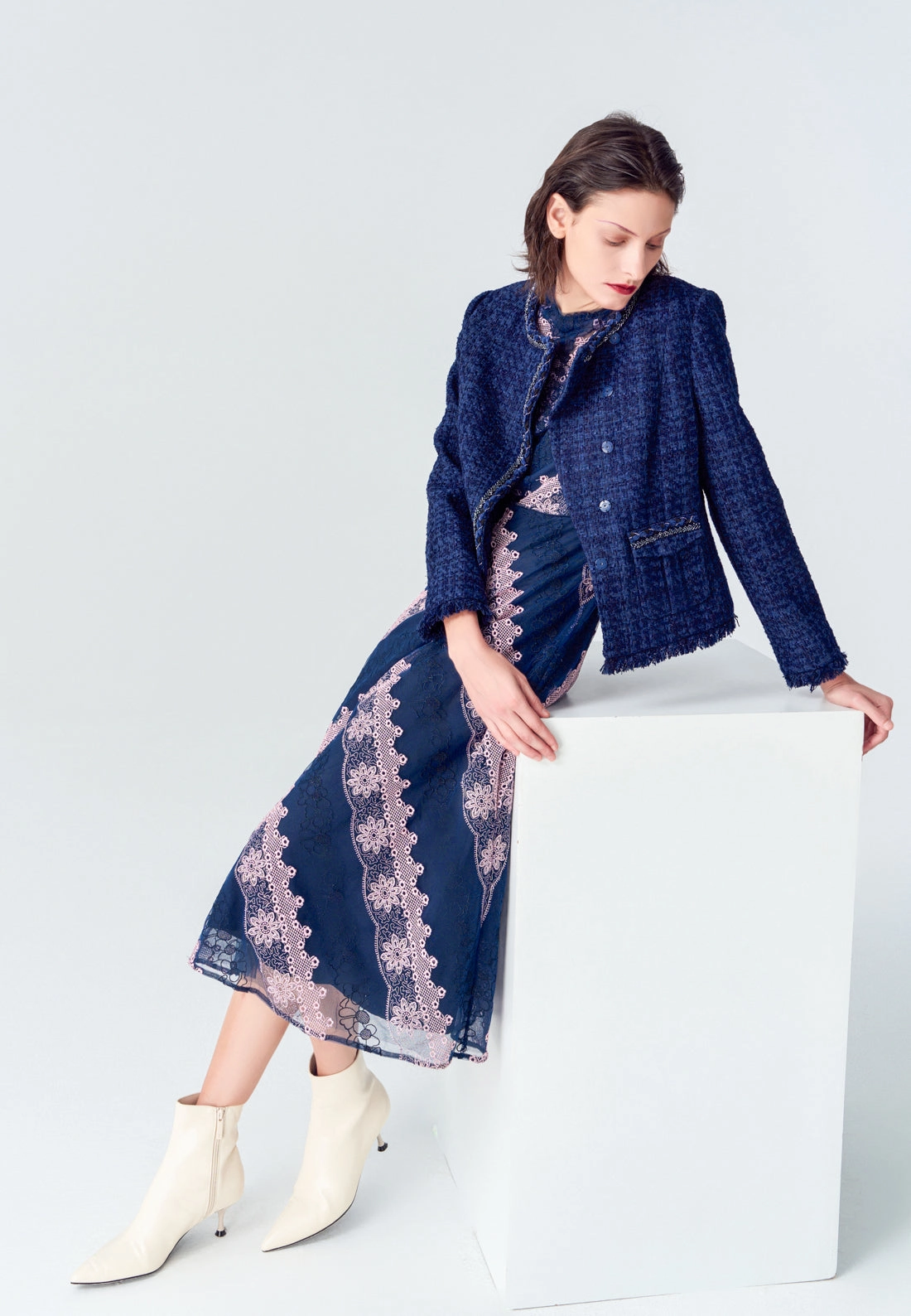 Dark Blue Asymmetric Tweed Jacket