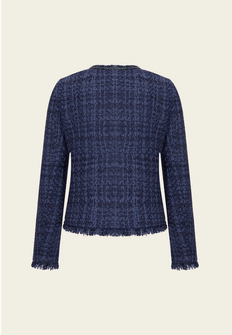 Dark Blue Asymmetric Tweed Jacket