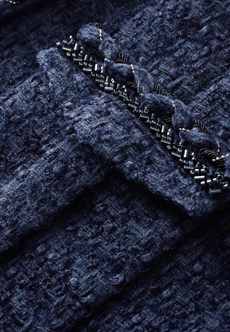 Dark Blue Asymmetric Tweed Jacket