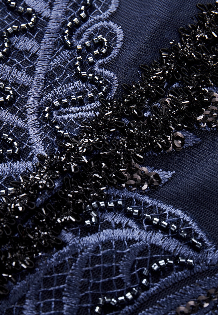 Dark Blue Embroidered Mesh Mid-sleeves Crop Jacket