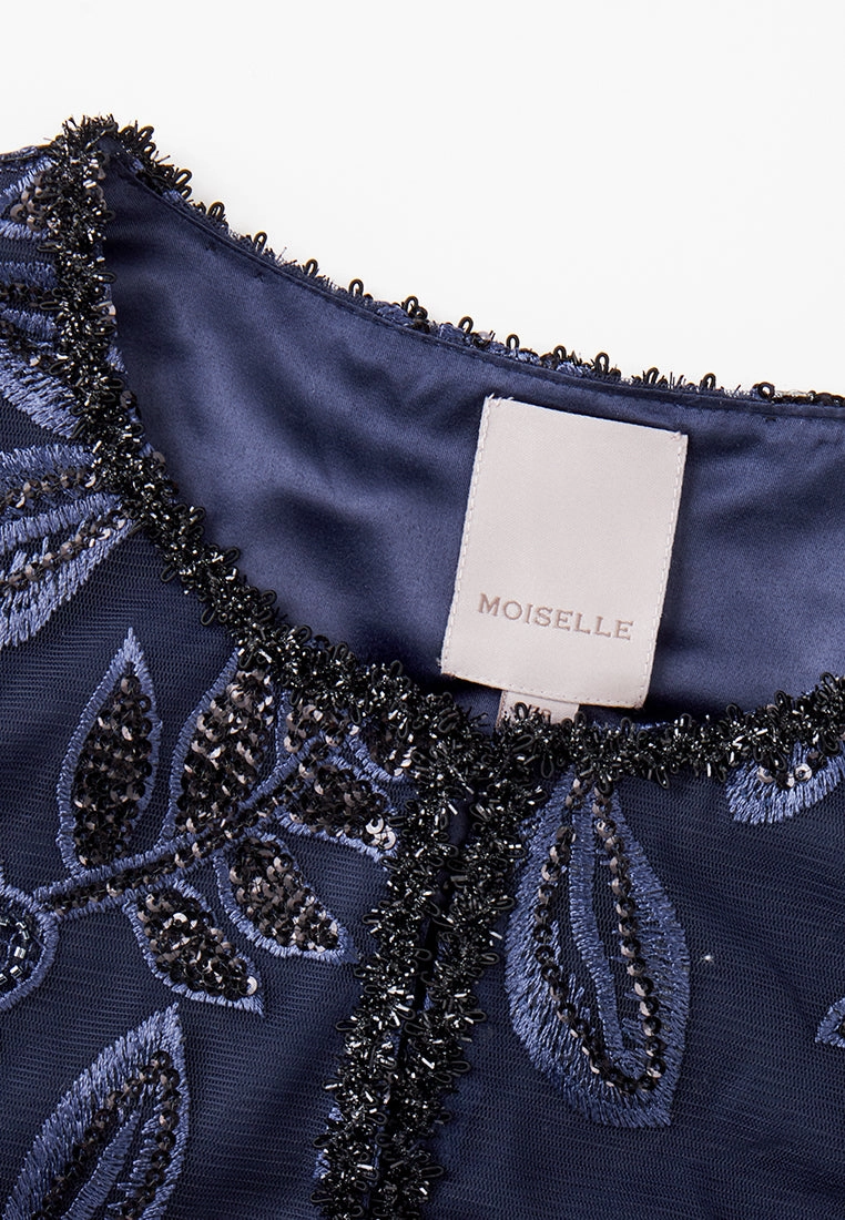 Dark Blue Embroidered Mesh Mid-sleeves Crop Jacket