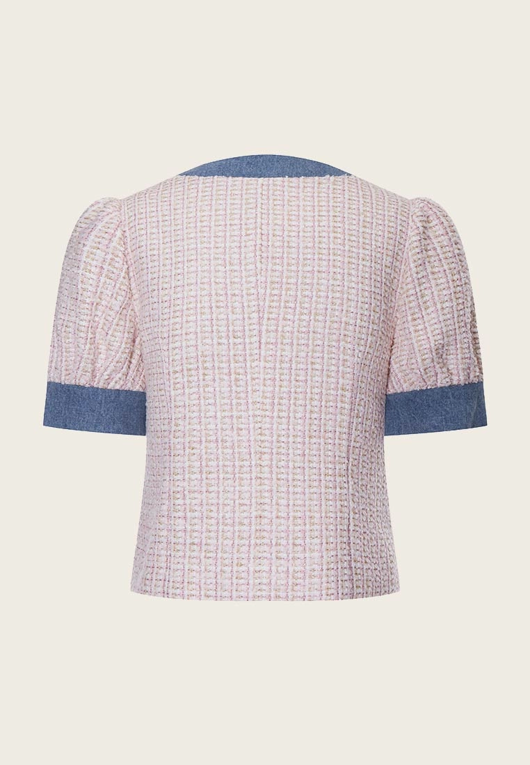 Denim-Detailing Puff Sleeve Tweed Jacket