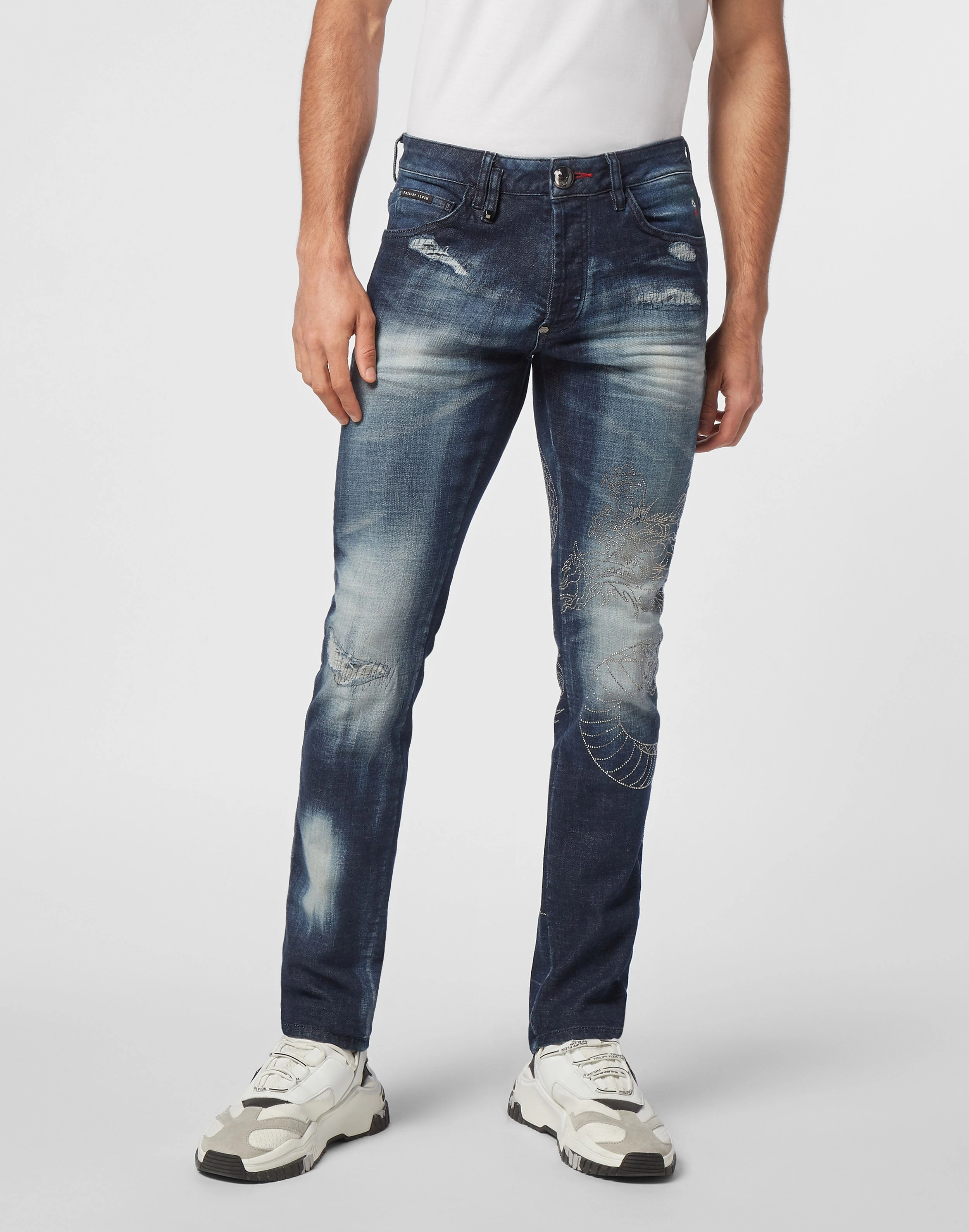 Denim Trousers Super Straight Cut Dragon Strass