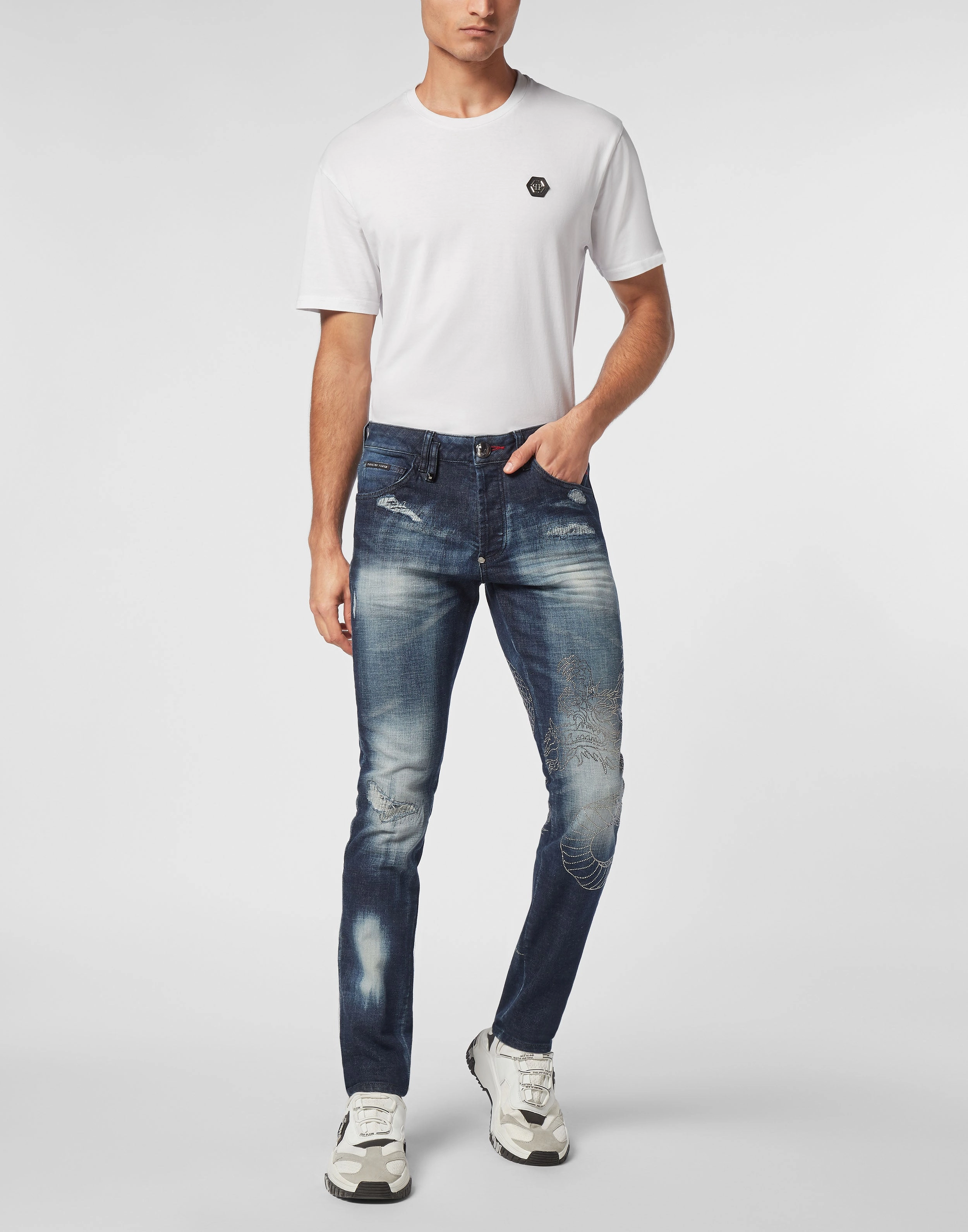 Denim Trousers Super Straight Cut Dragon Strass