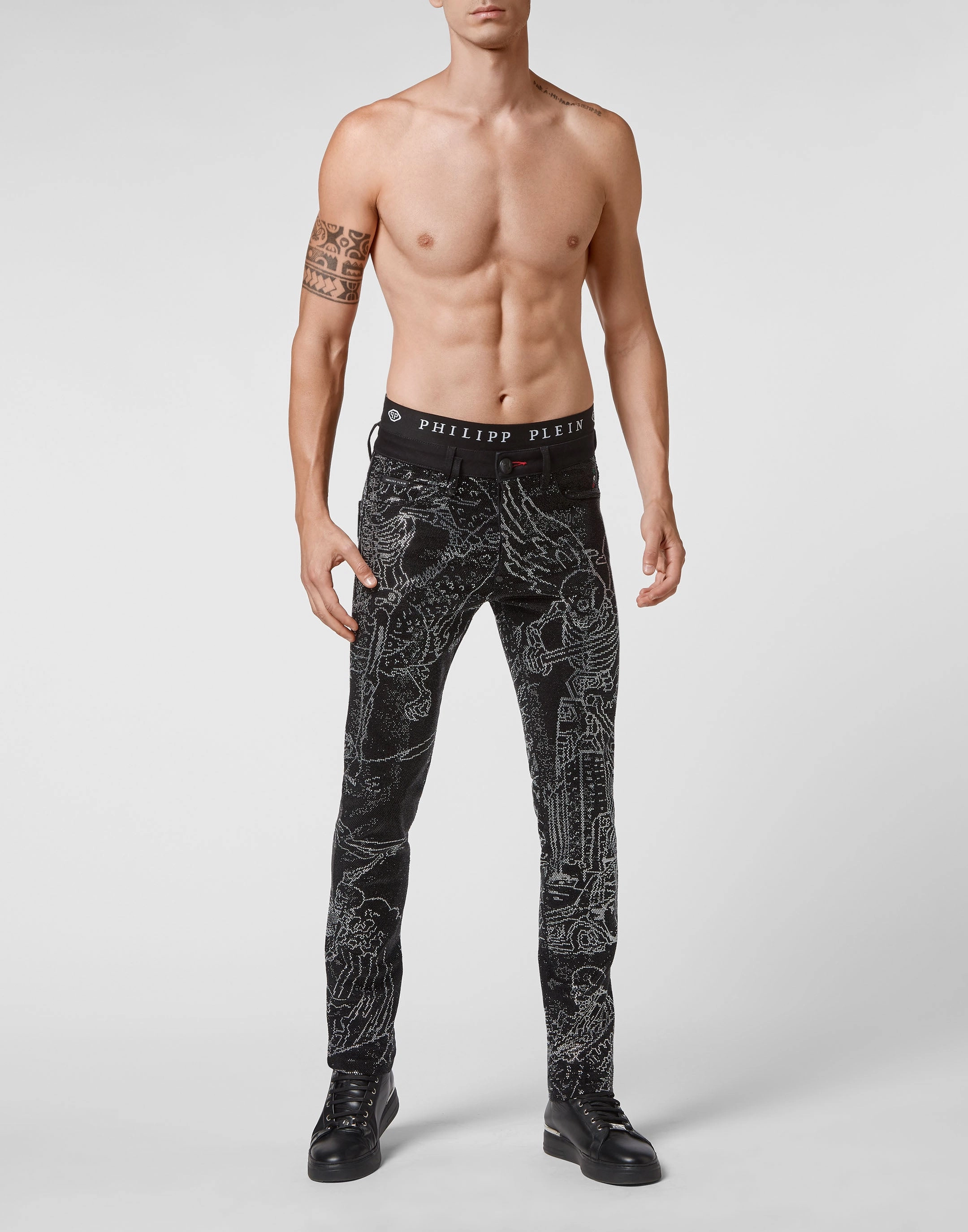 Denim Trousers Super Straight Cut Strass Skeleton tattoo with Crystals