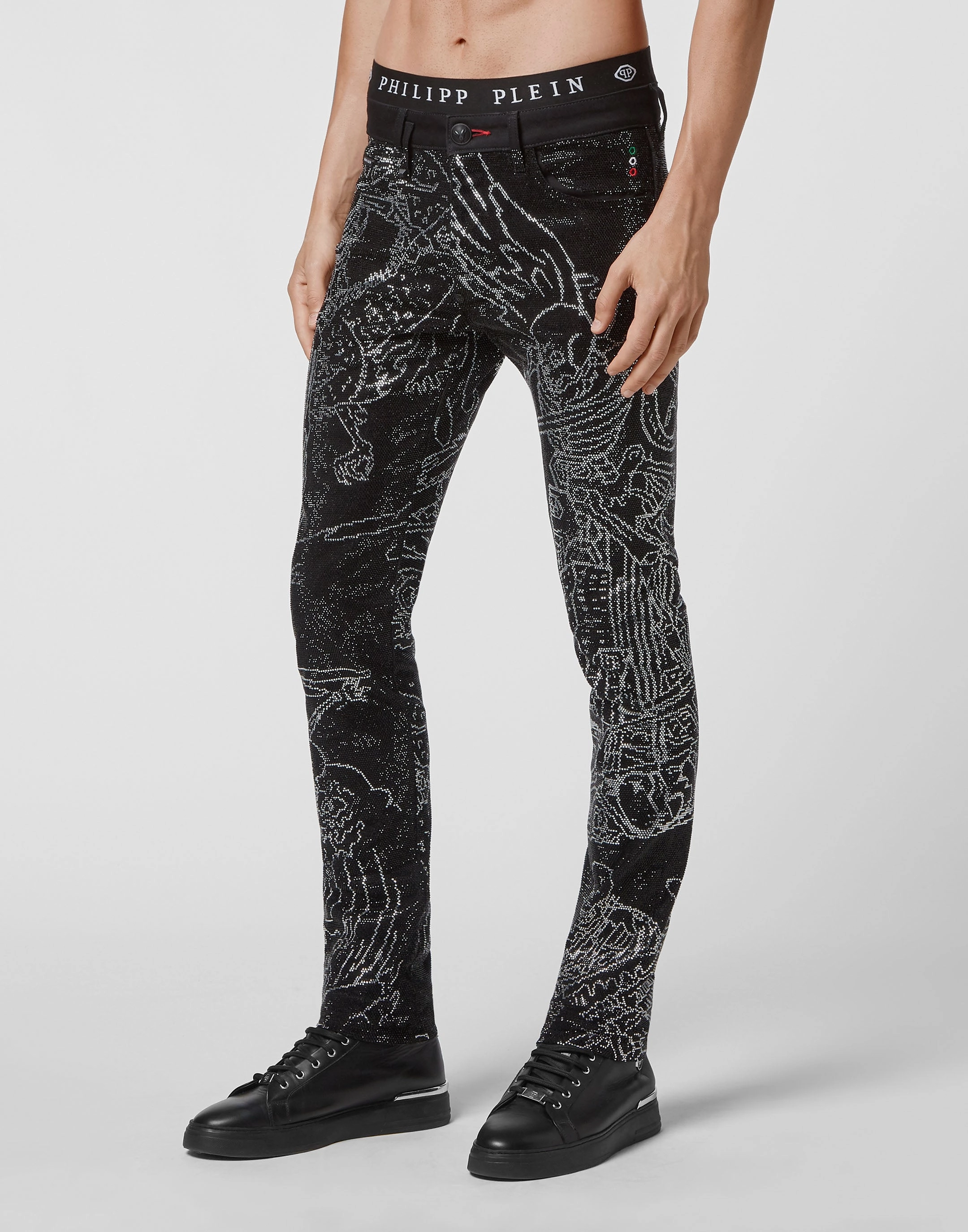 Denim Trousers Super Straight Cut Strass Skeleton tattoo with Crystals
