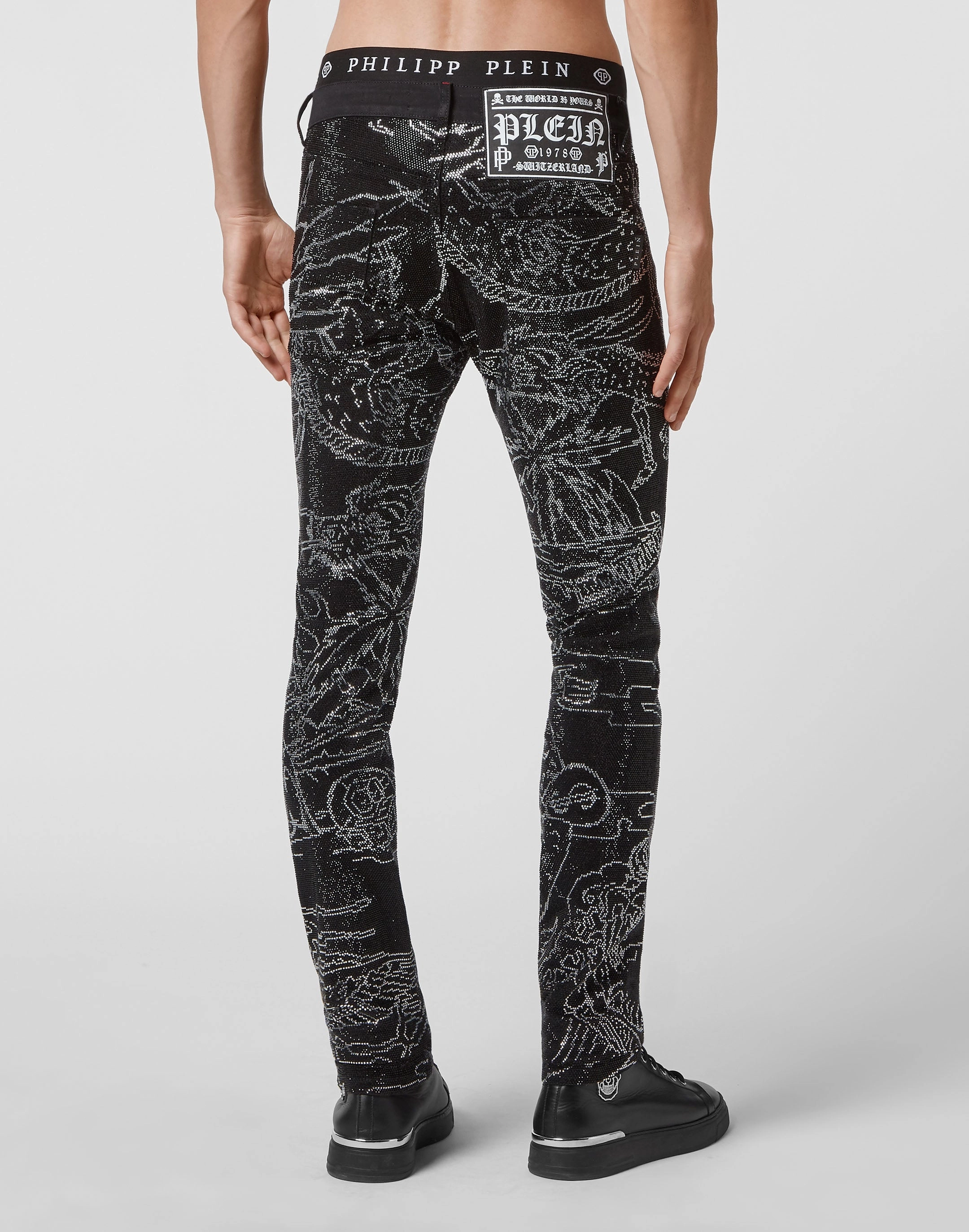Denim Trousers Super Straight Cut Strass Skeleton tattoo with Crystals