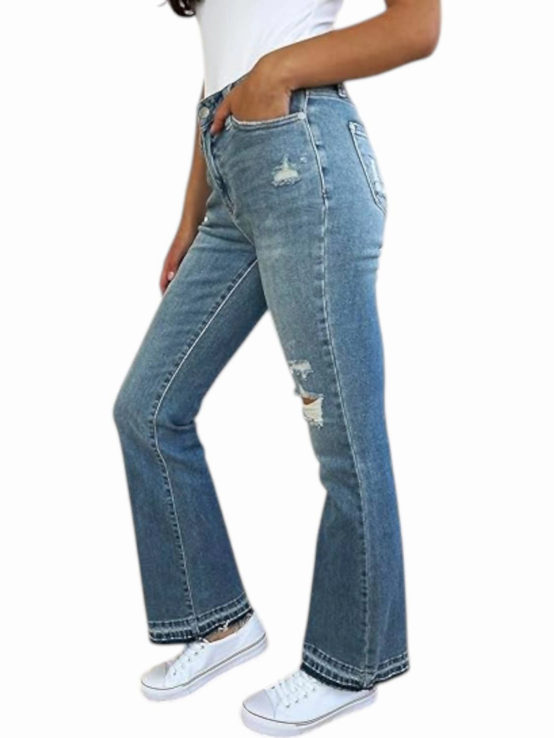 Destroy & Released Hem Bootcut Jeans In Medium Wash