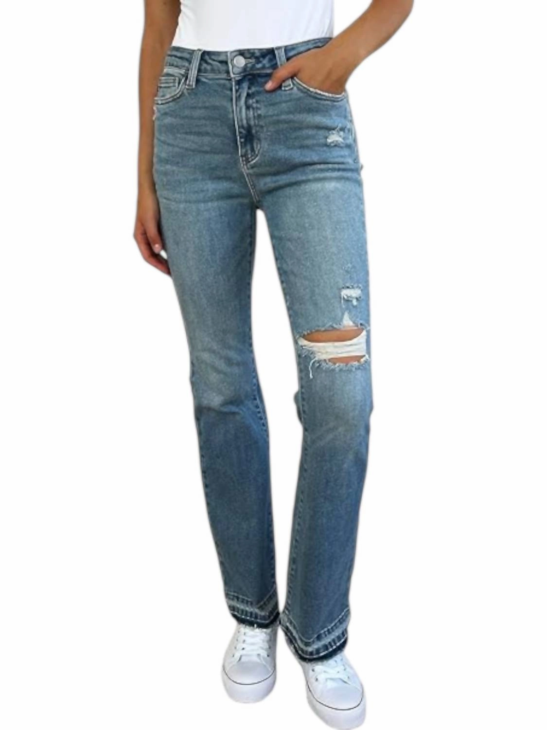 Destroy & Released Hem Bootcut Jeans In Medium Wash