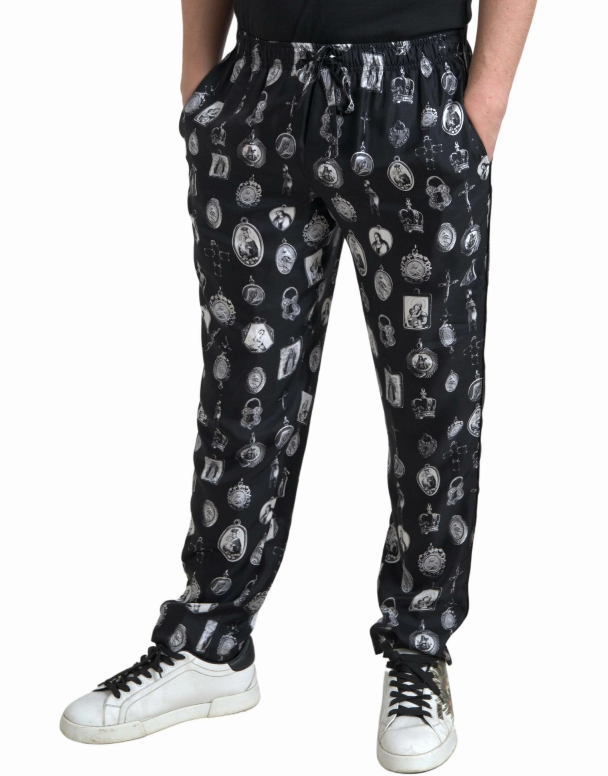 Dolce & Gabbana Elegant Silk Joggers with Religious Men's Print