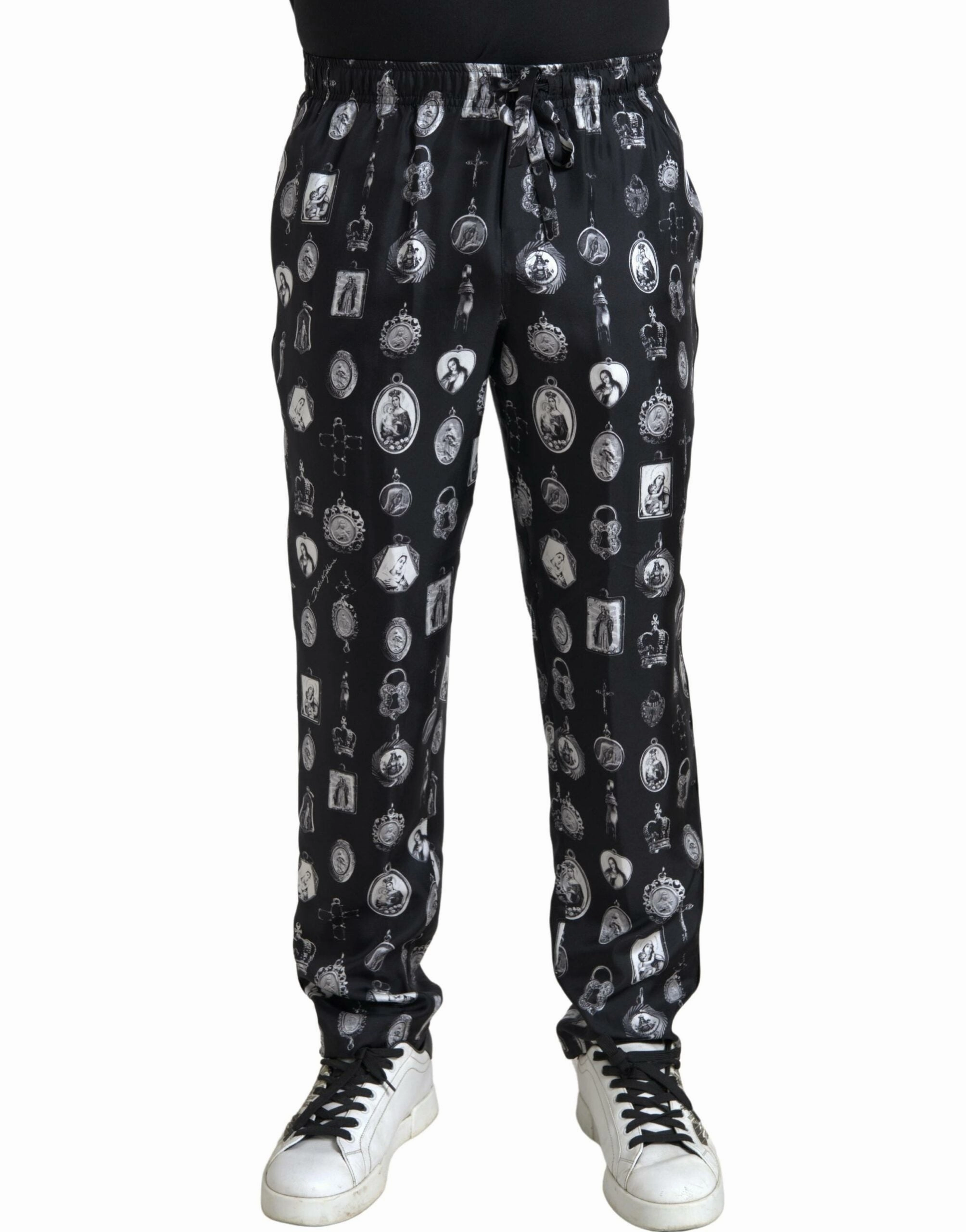 Dolce & Gabbana Elegant Silk Joggers with Religious Men's Print