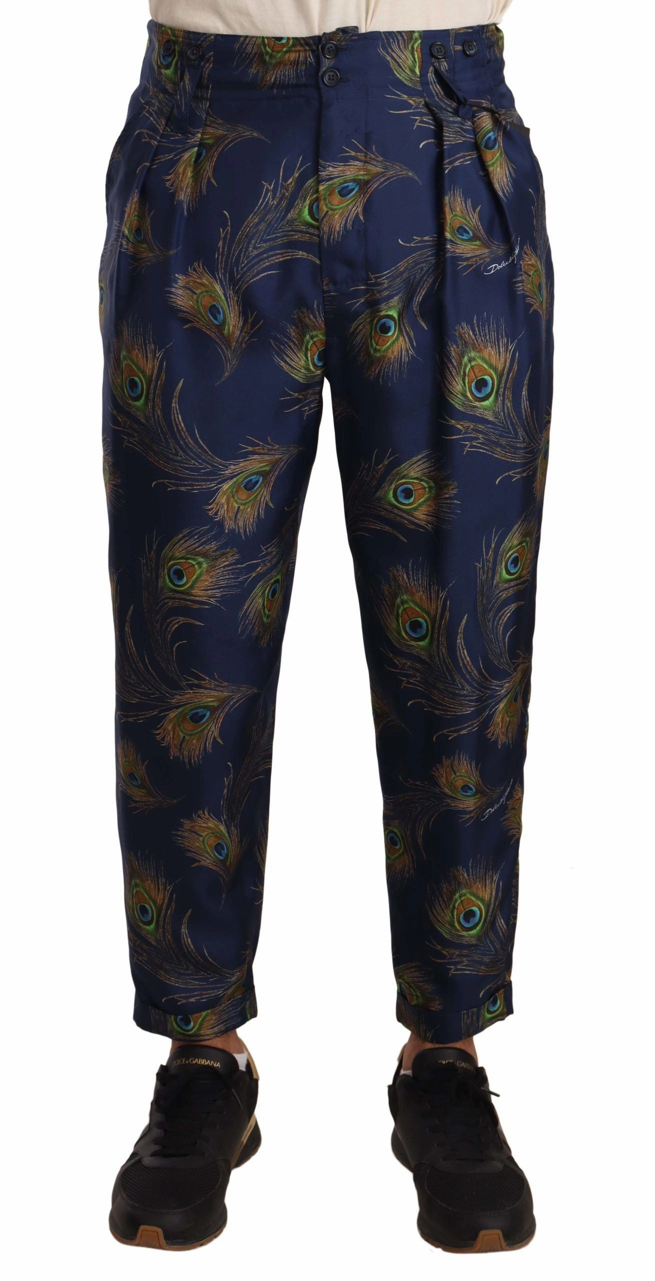 Dolce & Gabbana Exquisite Peacock Print Silk Men's Trousers