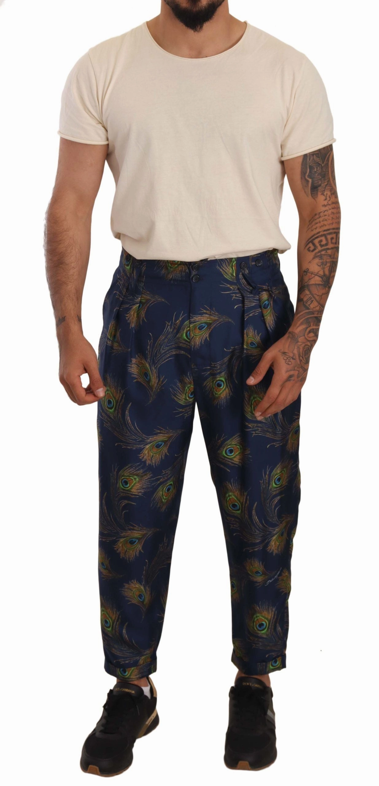 Dolce & Gabbana Exquisite Peacock Print Silk Men's Trousers