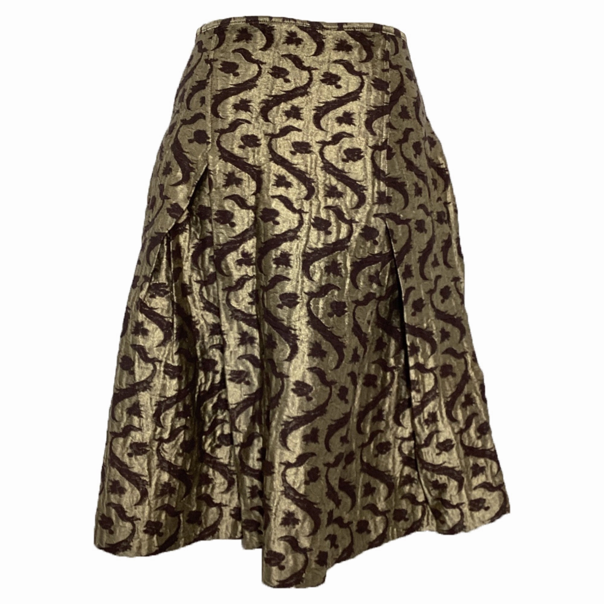 Dries Van Noten Brocade Pleated Midi Skirt in Gold Polyester