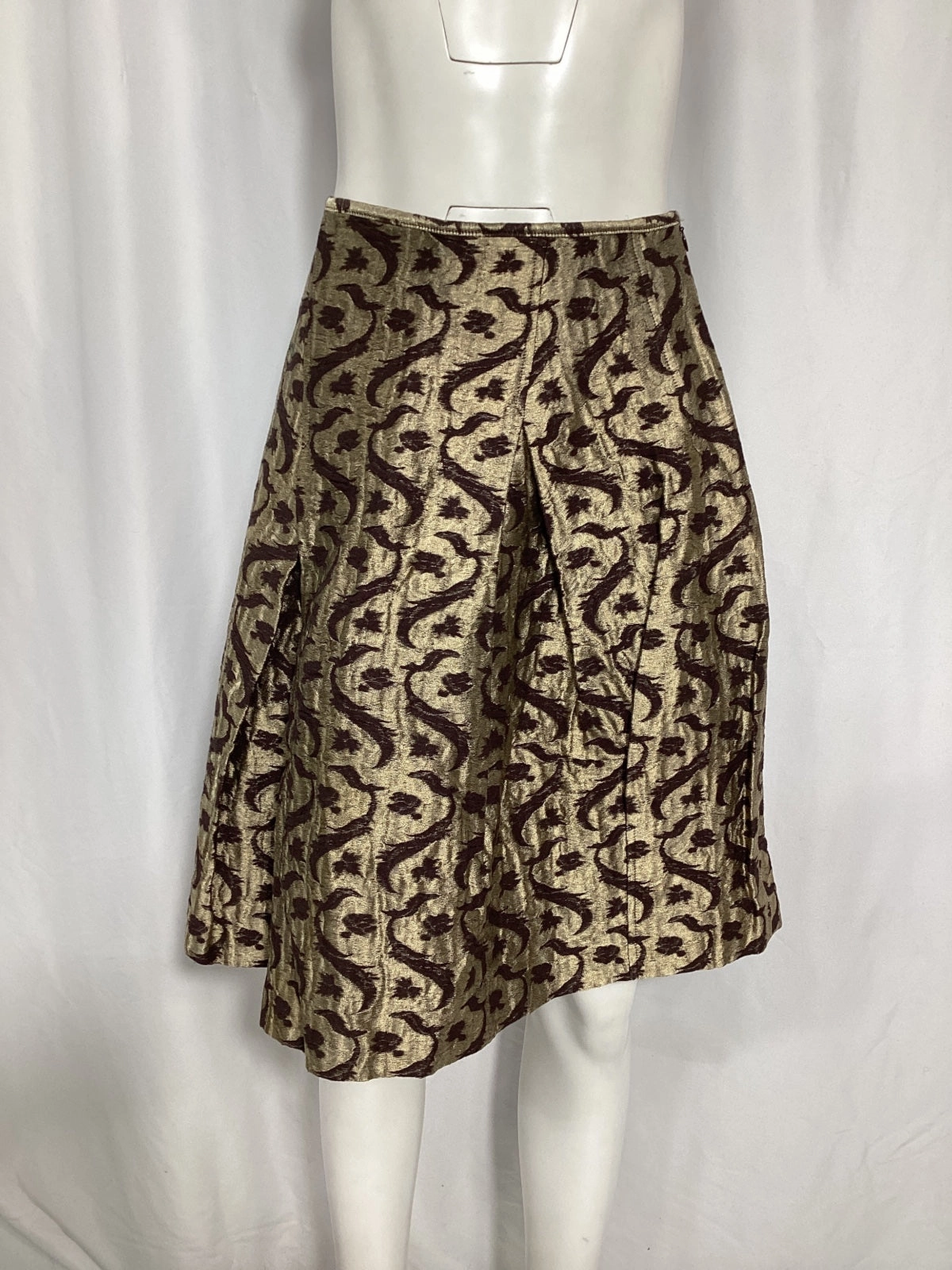 Dries Van Noten Brocade Pleated Midi Skirt in Gold Polyester