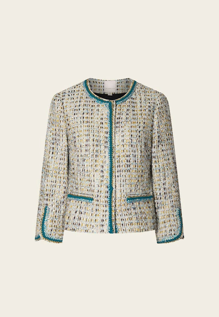 Earth Tone Blue And Gold Detailing Tweed Jacket