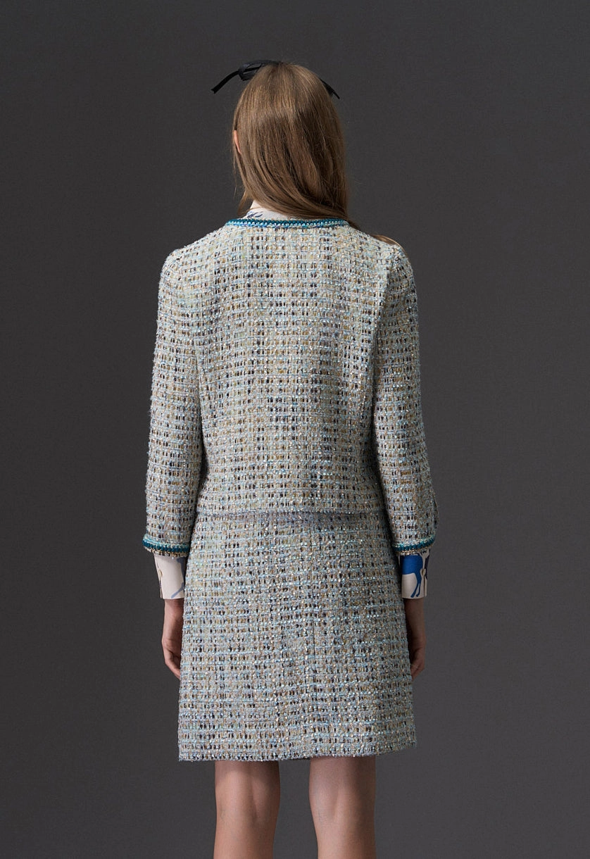 Earth Tone Blue And Gold Detailing Tweed Jacket