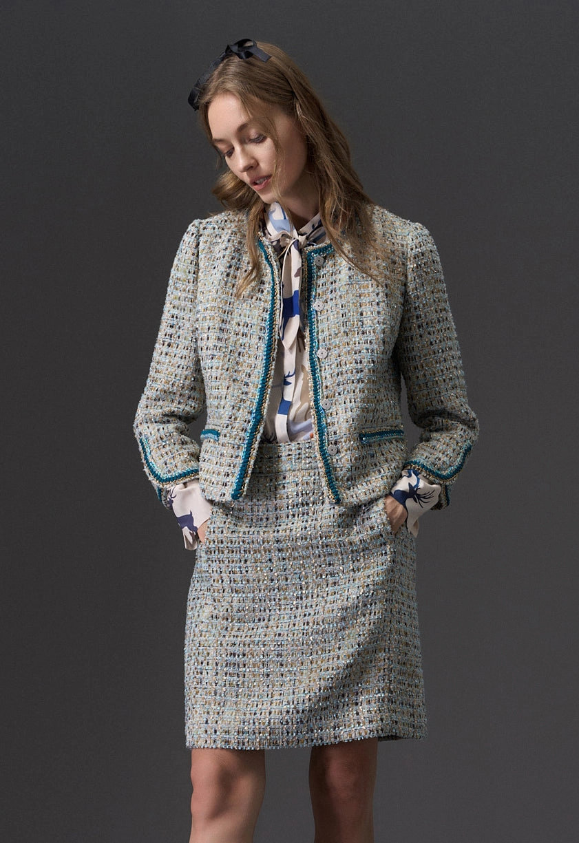 Earth Tone Blue And Gold Detailing Tweed Jacket