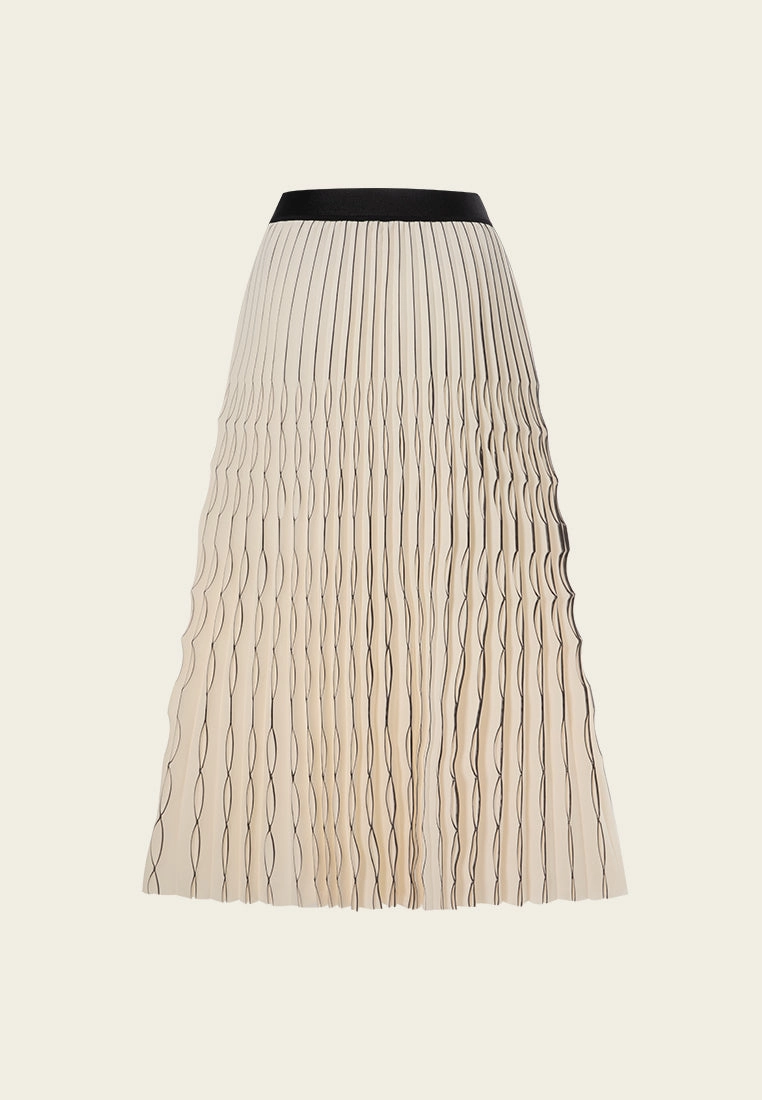 Elasticated-waistband Contrasting-trim Pleated Maxi Skirt C