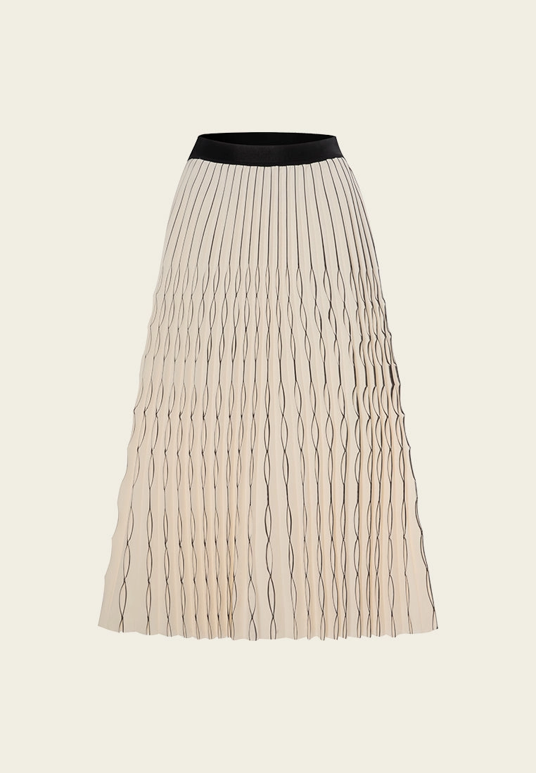 Elasticated-waistband Contrasting-trim Pleated Maxi Skirt C