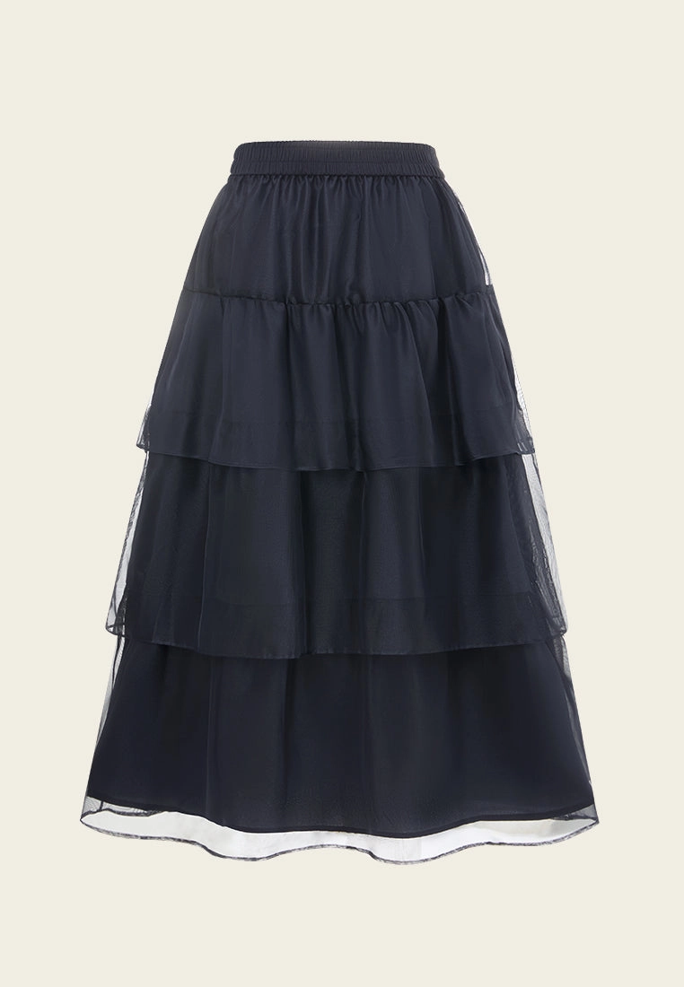 Elasticated-waistband Layered Maxi Mesh Skirt Blue
