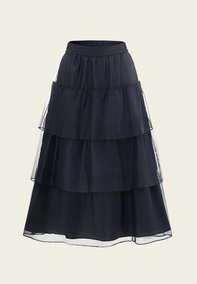 Elasticated-waistband Layered Maxi Mesh Skirt Blue