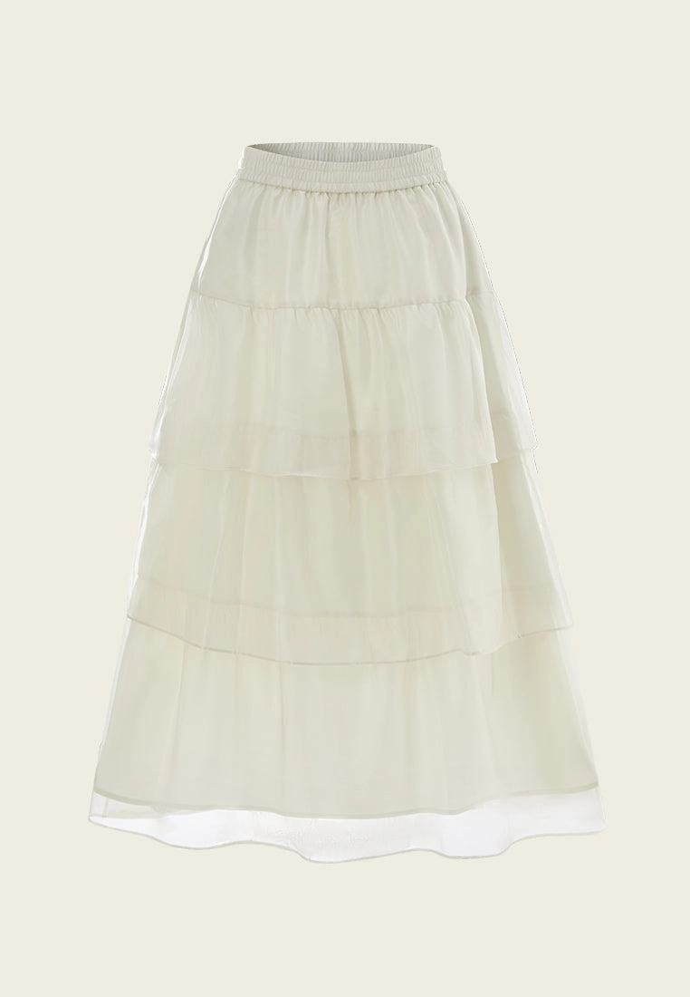 Elasticated-waistband Layered Maxi Mesh Skirt Cream