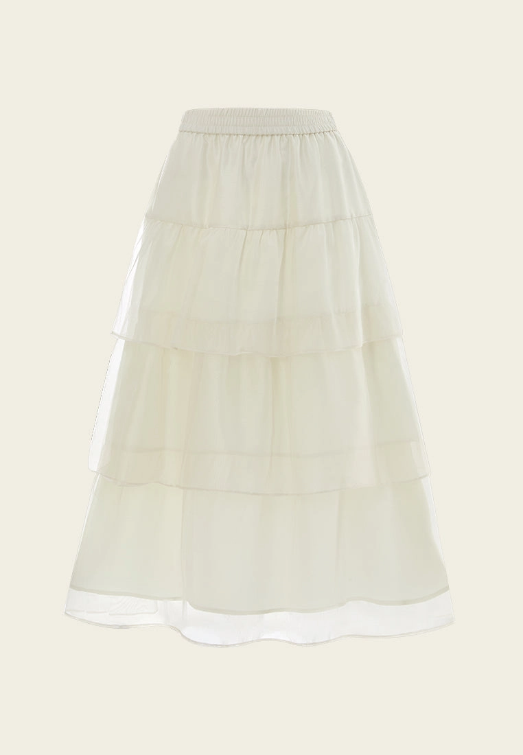 Elasticated-waistband Layered Maxi Mesh Skirt Cream
