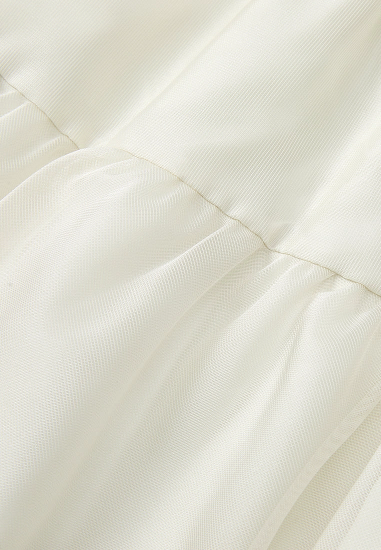 Elasticated-waistband Layered Maxi Mesh Skirt Cream