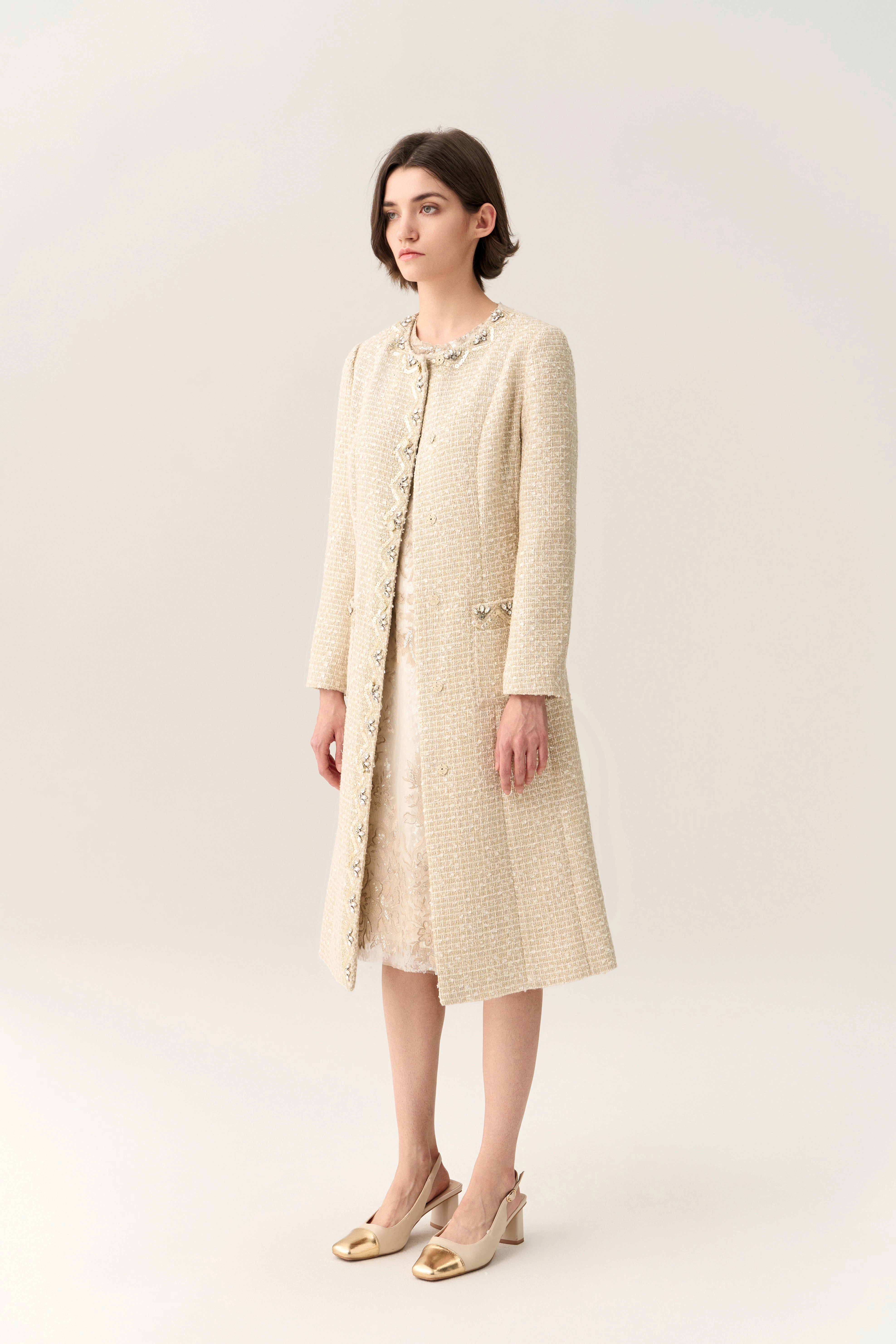 Embellish-trimmed Tie Belt Coat